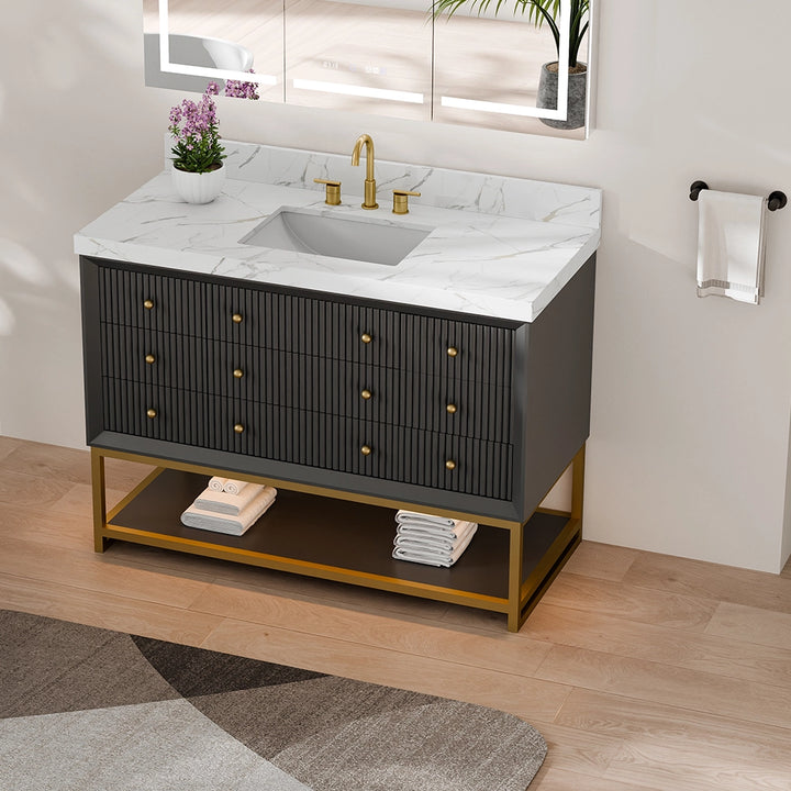 48 inch black fluted solid wood bathroom vanity top view