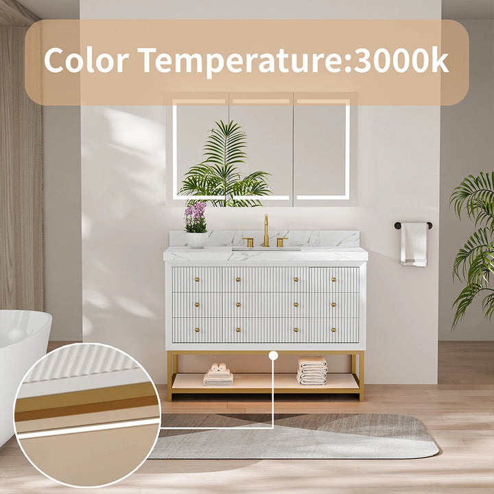 48 inch white fluted solid wood bathroom vanity 3000k warm lighting