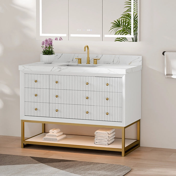 48 inch white fluted solid wood bathroom vanity angle view