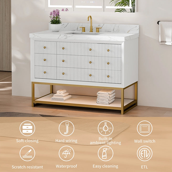 48 inch white fluted solid wood bathroom vanity with feature icons