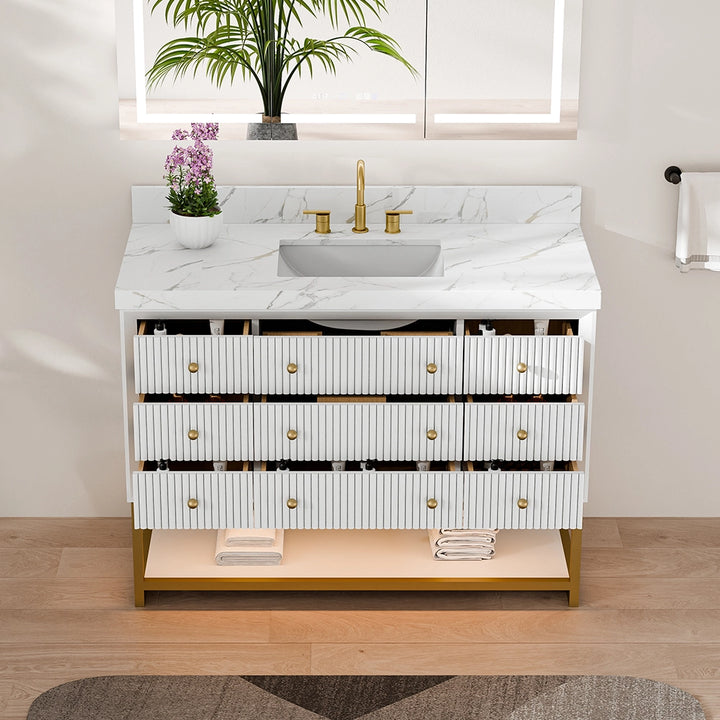 48 inch white fluted solid wood bathroom vanity front storage view