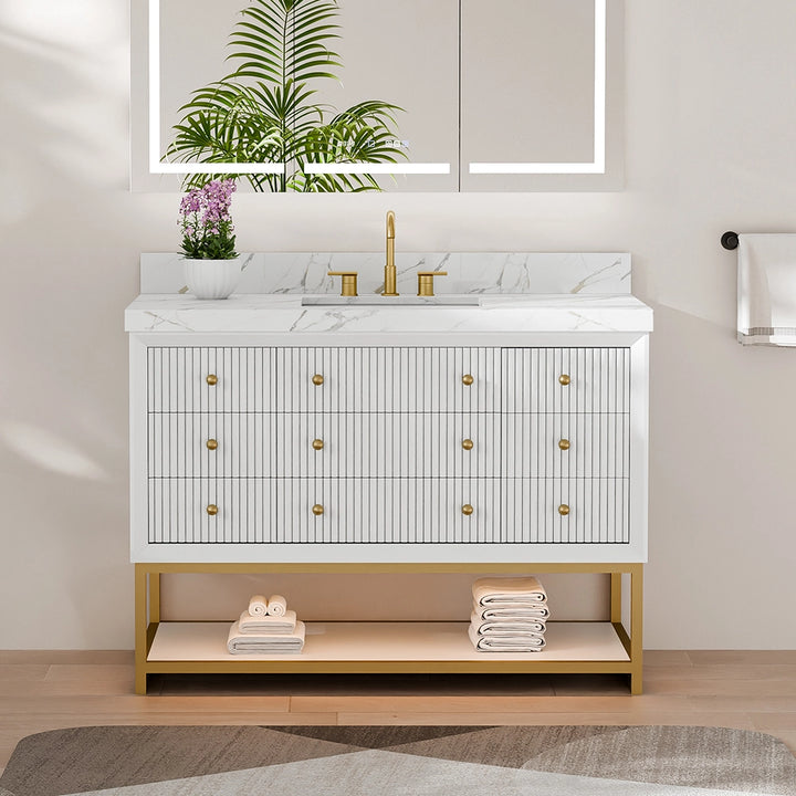 48 inch white fluted solid wood bathroom vanity front view