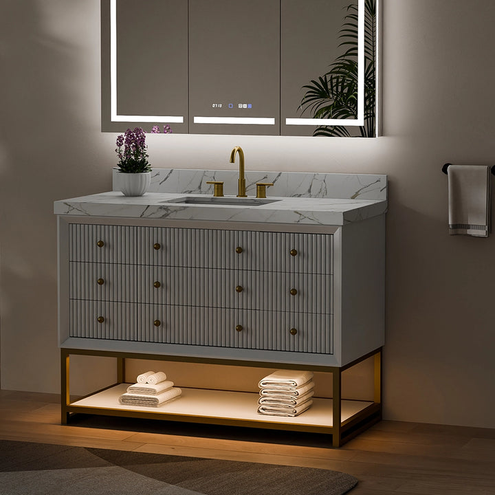 48 inch white fluted solid wood bathroom vanity night angle view