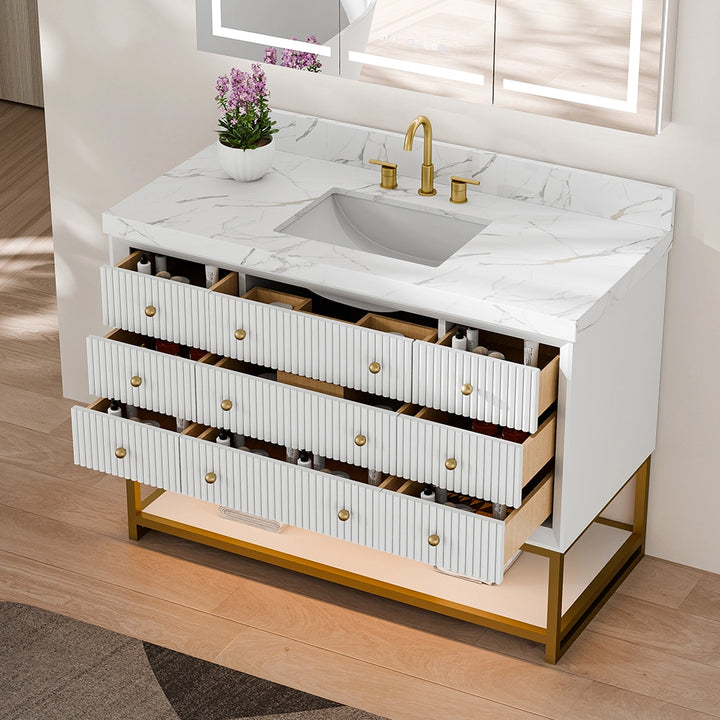 48 inch white fluted solid wood bathroom vanity open drawers