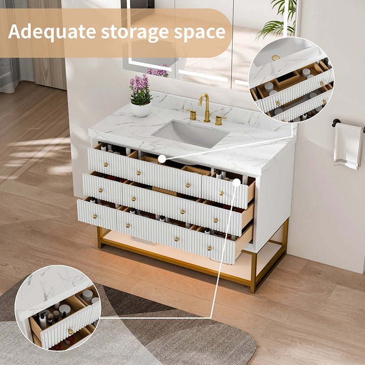 48 inch white fluted solid wood bathroom vanity with storage drawers