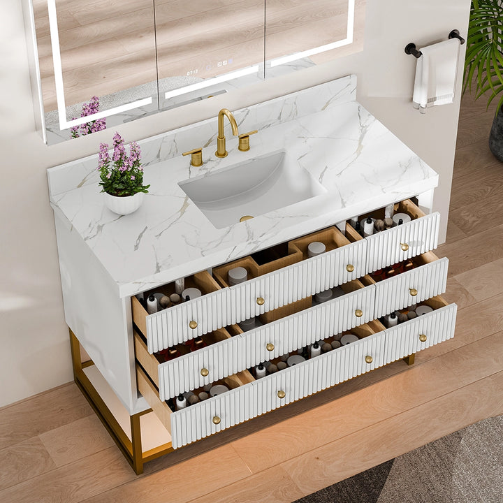 48 inch white fluted solid wood bathroom vanity top storage view