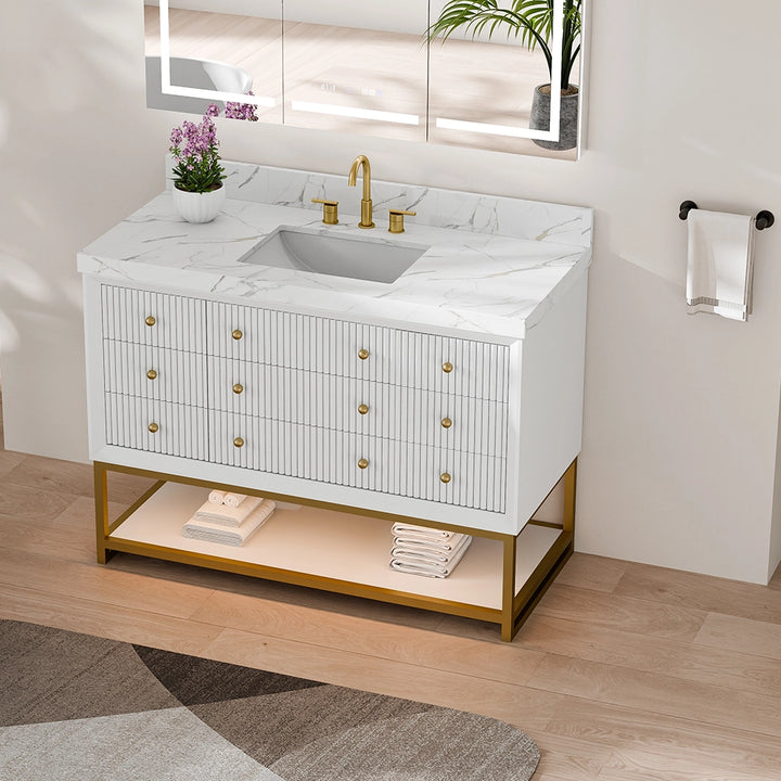 48 inch white fluted solid wood bathroom vanity top view