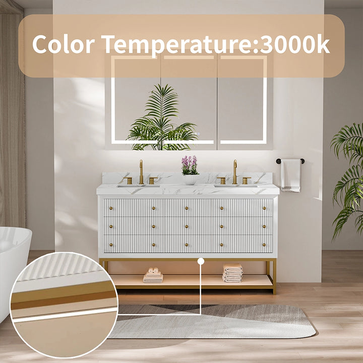 60 inch white fluted solid wood bathroom vanity 3000k warm light