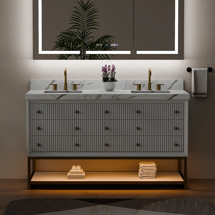 60 inch white fluted solid wood bathroom vanity with ambient light