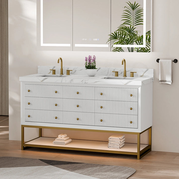 60 inch white fluted solid wood bathroom vanity angle view