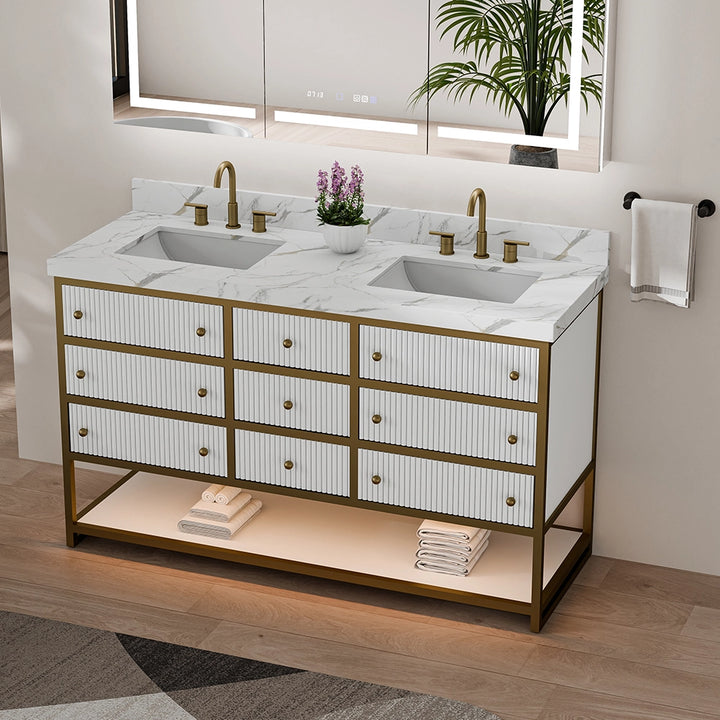 60 inch white fluted solid wood bathroom vanity with double sink