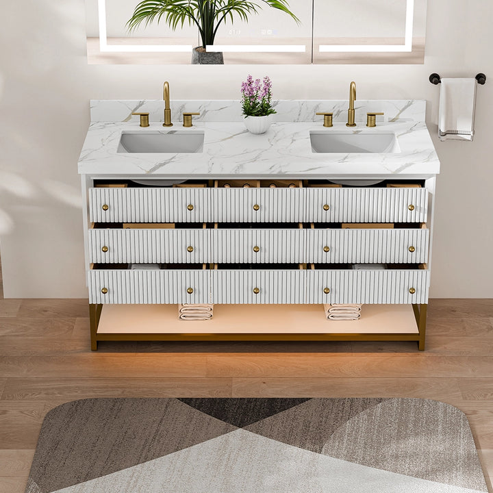 60 inch white fluted solid wood bathroom vanity drawer open