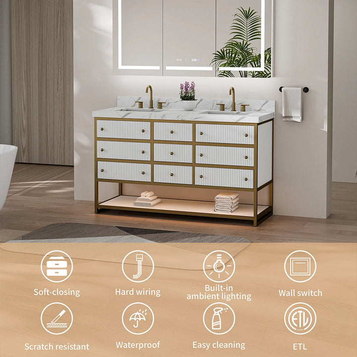 60 inch white fluted solid wood bathroom vanity with feature icons
