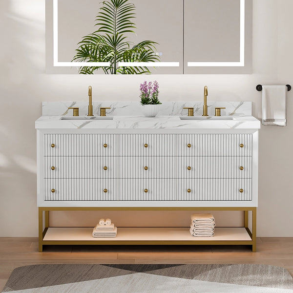 60 inch white fluted solid wood bathroom vanity front view