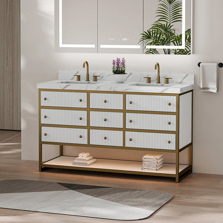 60 inch white fluted solid wood bathroom vanity with gold frame