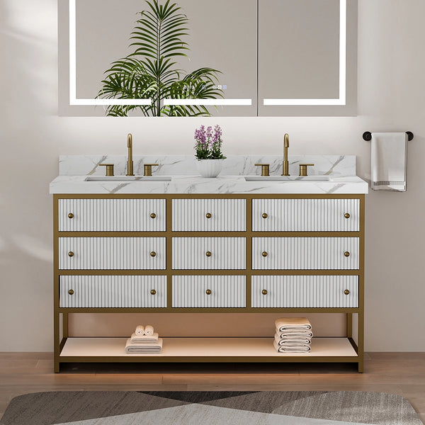 60 inch white fluted solid wood bathroom vanity with gold frame