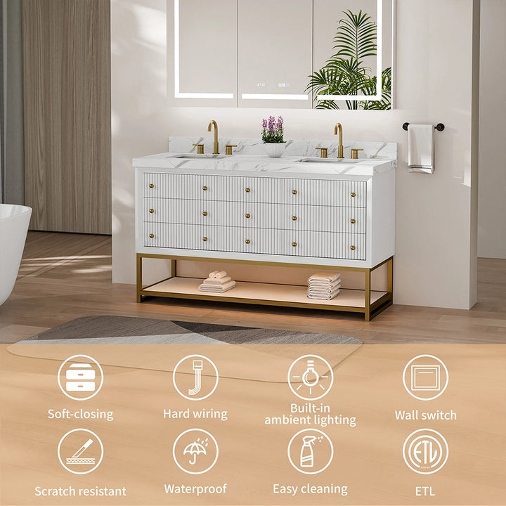 60 inch white fluted solid wood bathroom vanity with key features