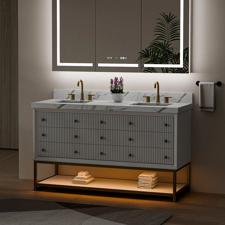 60 inch white fluted solid wood bathroom vanity night view