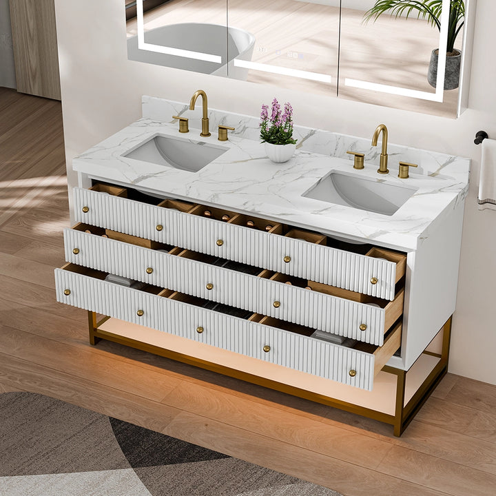 60 inch white fluted solid wood bathroom vanity open drawers