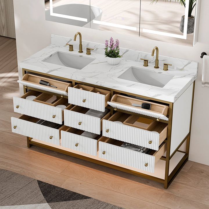60 inch white fluted solid wood bathroom vanity with open drawers