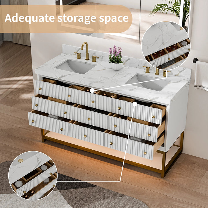 60 inch white fluted solid wood bathroom vanity with storage space