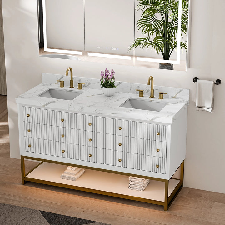 60 inch white fluted solid wood bathroom vanity top angle