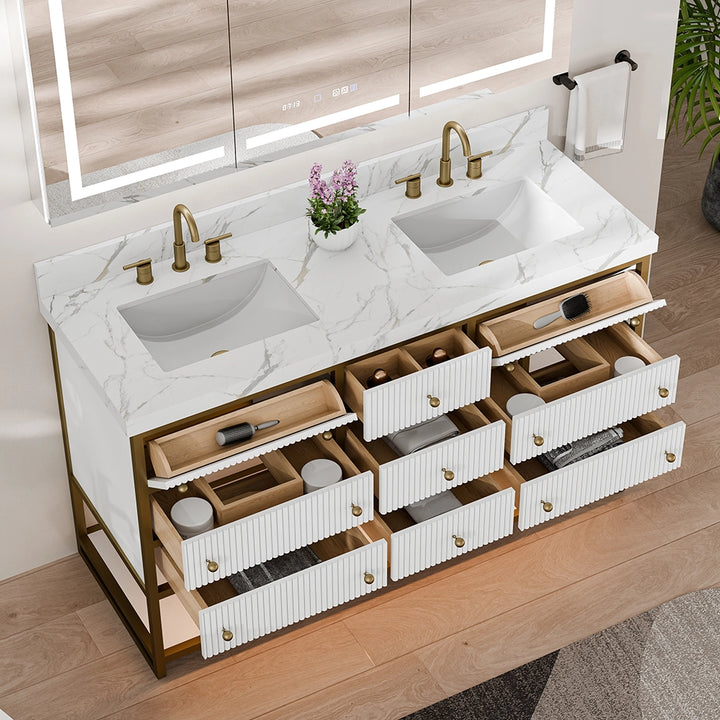 60 inch white fluted solid wood bathroom vanity top view open drawers