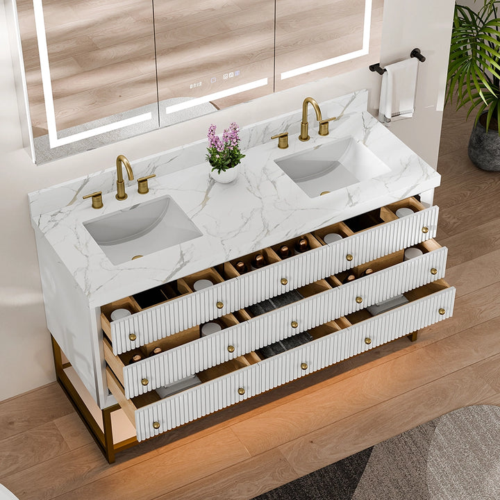 60 inch white fluted solid wood bathroom vanity top view