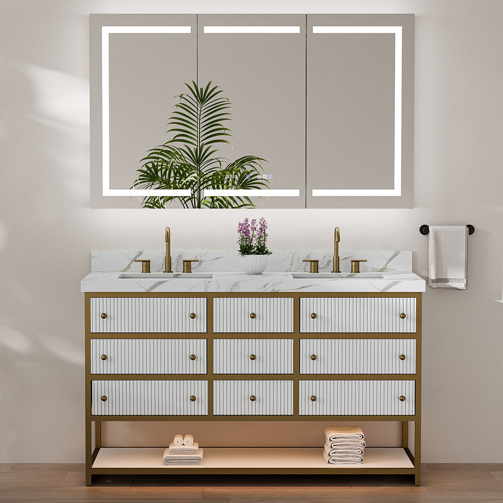 60-In Fluted Solid Wood Luxury Gold Bathroom Vanity, PU Lacquer – Doub ...