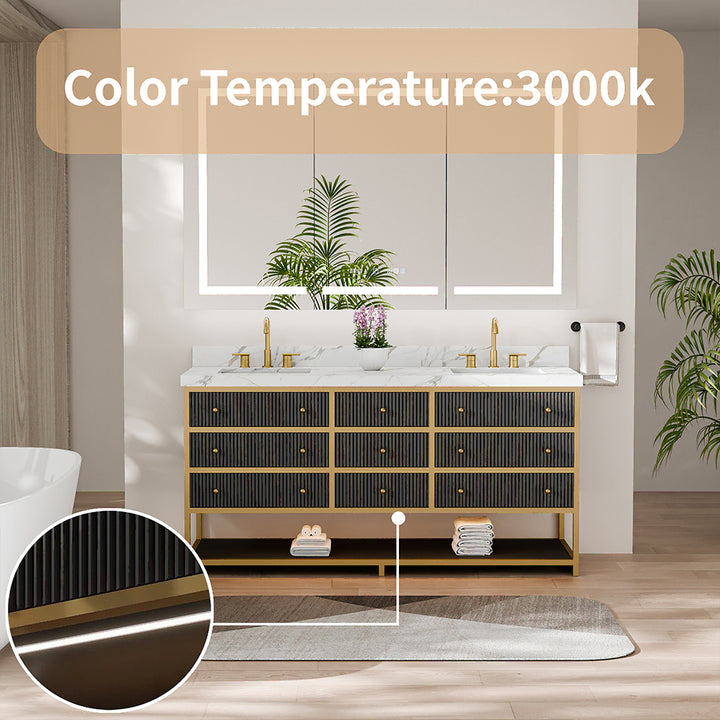 Black fluted solid wood vanity with 3000K warm ambient lighting