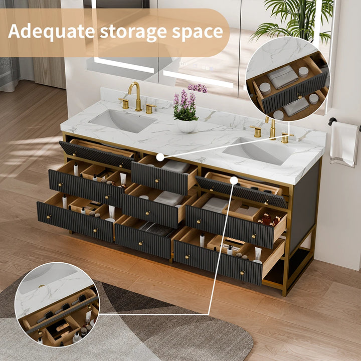 Black fluted solid wood vanity with ample drawer storage and organizers