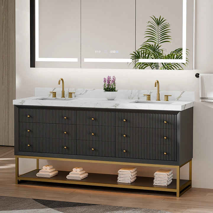 Black fluted solid wood bathroom vanity angle view with marble top