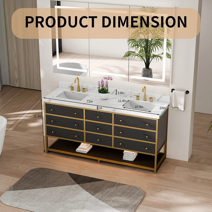 Black fluted solid wood double sink vanity with detailed product dimensions