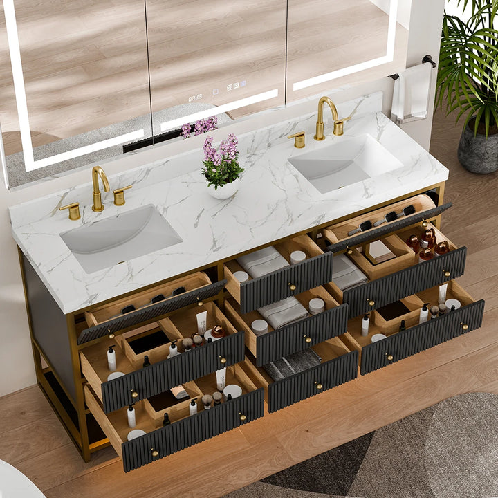 Black fluted solid wood double sink vanity with marble top and open drawers
