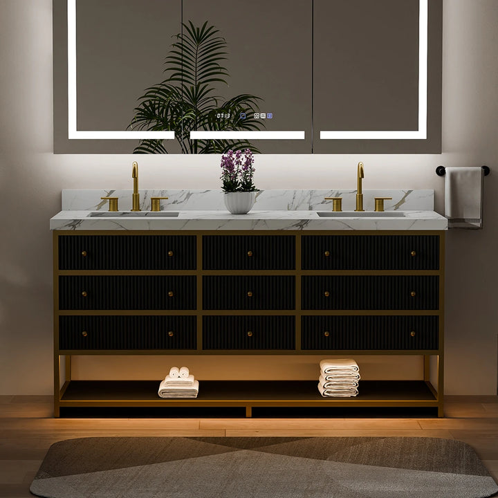 Black fluted solid wood double sink vanity with marble top and LED lighting