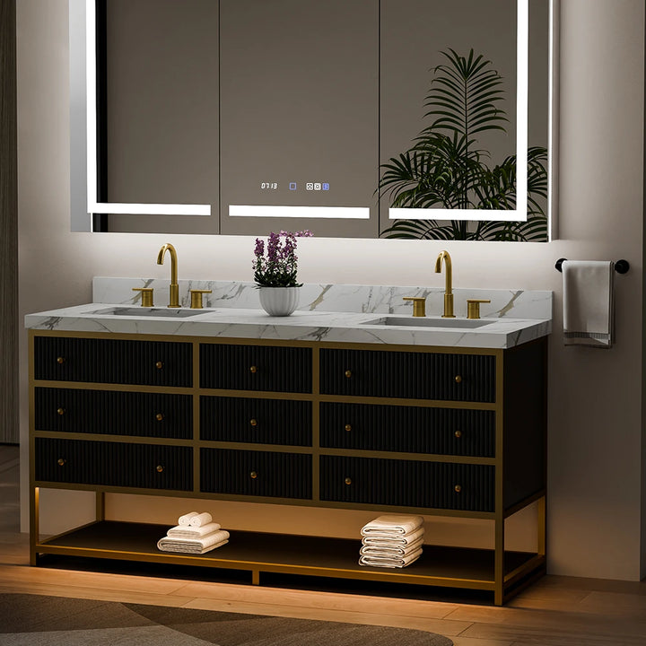 Black fluted solid wood double sink vanity with marble top and night lighting