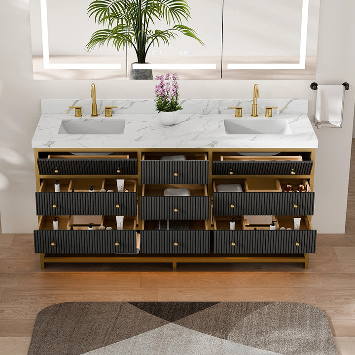 Black fluted solid wood double sink vanity with open storage drawers