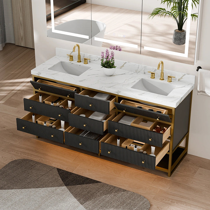 Black fluted solid wood double sink vanity with open drawers top view