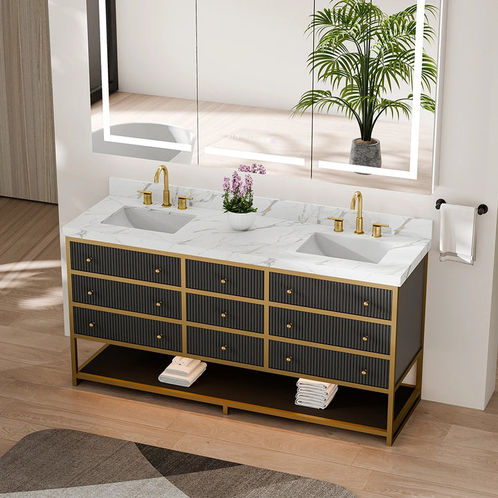 Black fluted solid wood double sink vanity with marble top and gold frame