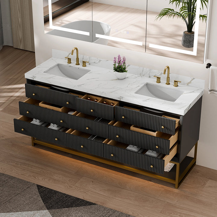 Black fluted solid wood bathroom vanity with open drawers and storage