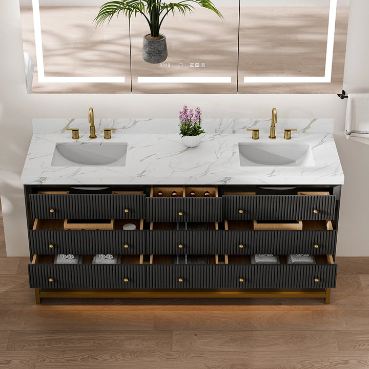 Front view of black fluted solid wood bathroom vanity with open drawers