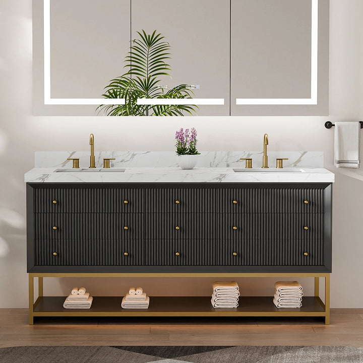 Black fluted solid wood bathroom vanity front view with marble top
