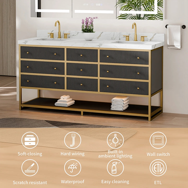 Black fluted solid wood vanity showing key features like waterproof and ETL