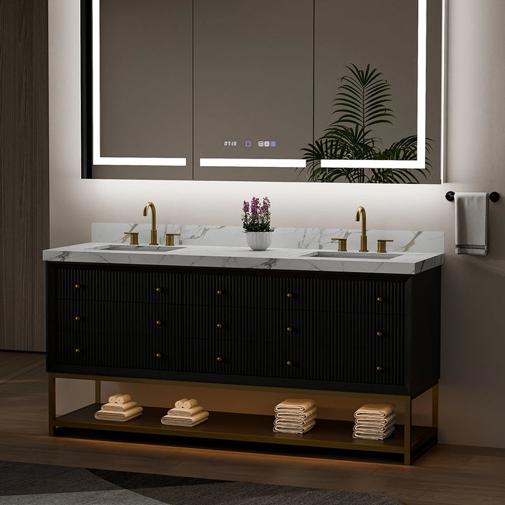 Black fluted solid wood bathroom vanity night view with marble top