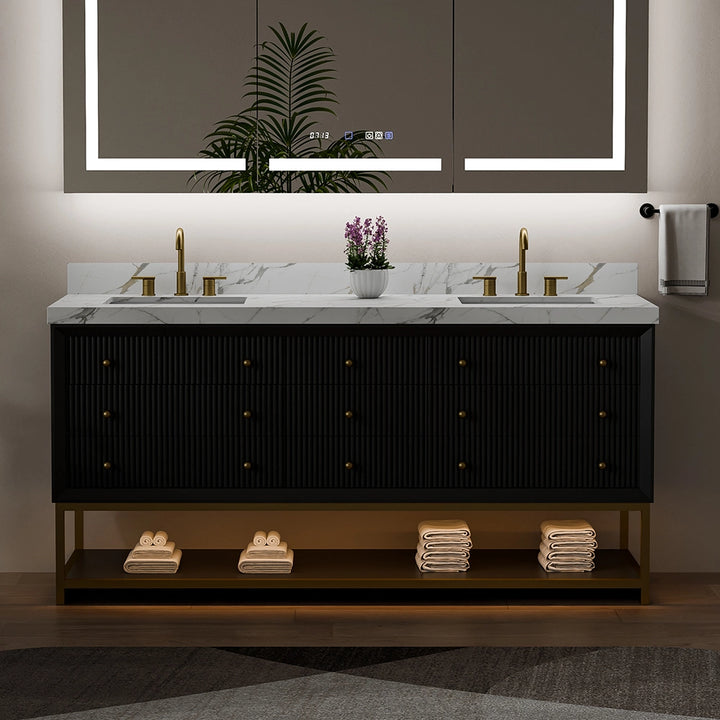 Black fluted solid wood bathroom vanity with night lighting effect