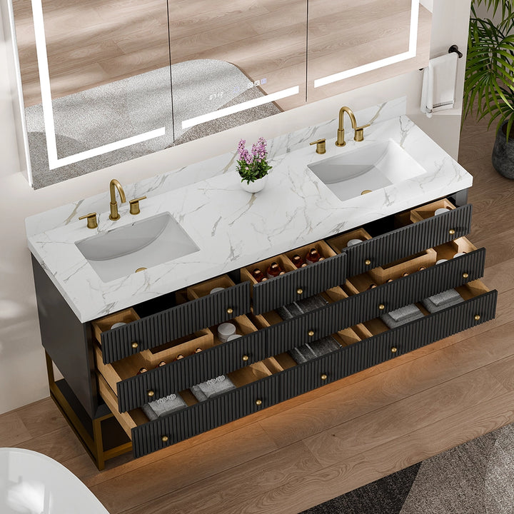 Top view of black fluted solid wood bathroom vanity with open drawers