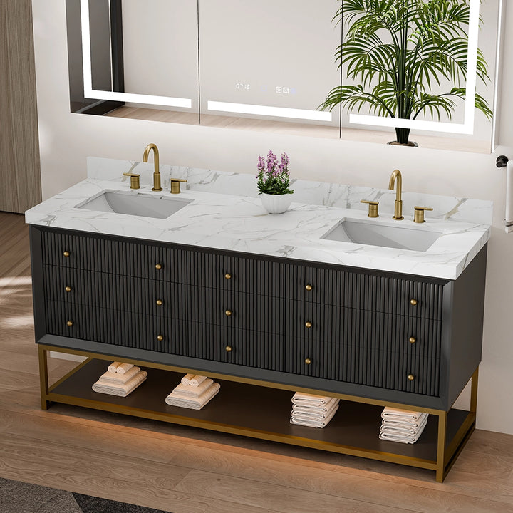 Black fluted solid wood bathroom vanity top view with marble countertop