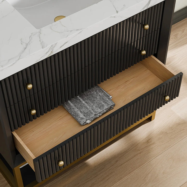 Fluted solid wood bathroom vanity with marble top and bottom drawer storage