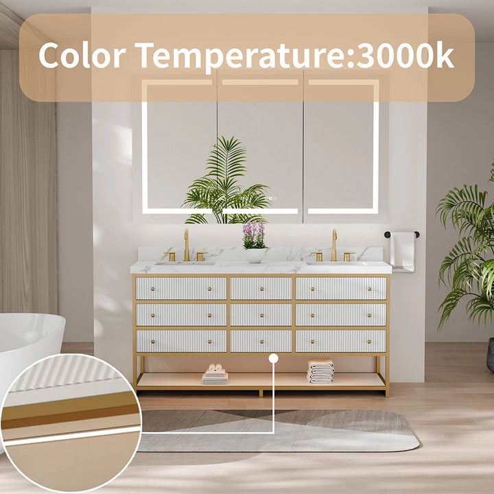 White fluted solid wood double sink vanity with 3000k warm LED lighting