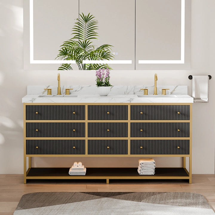 Black fluted solid wood double sink vanity with marble countertop